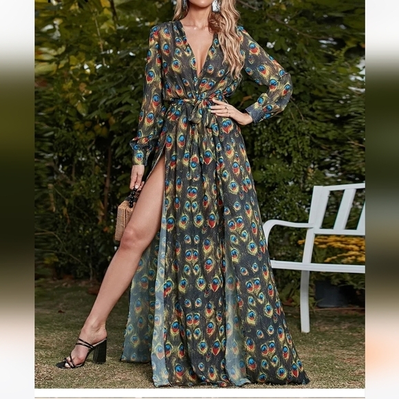 Peacock Print,  Long Sleeved,  Deep V Neck,  Slit Thigh, Mermaid Gown - Picture 6 of 10